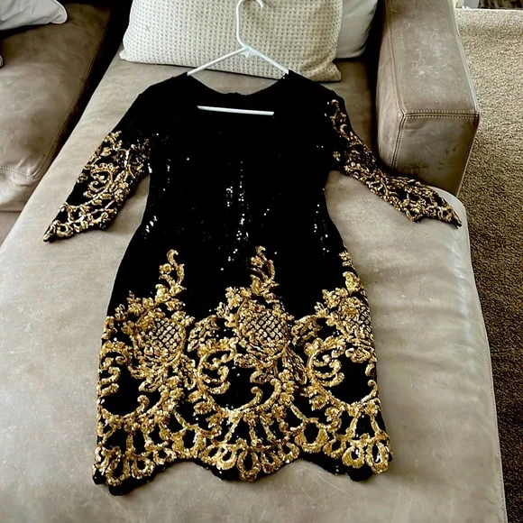 black and gold long sleeve mini dress Wholesale MOQ6 Embroidered Notched Long Sleeve Mini Dress main image 0